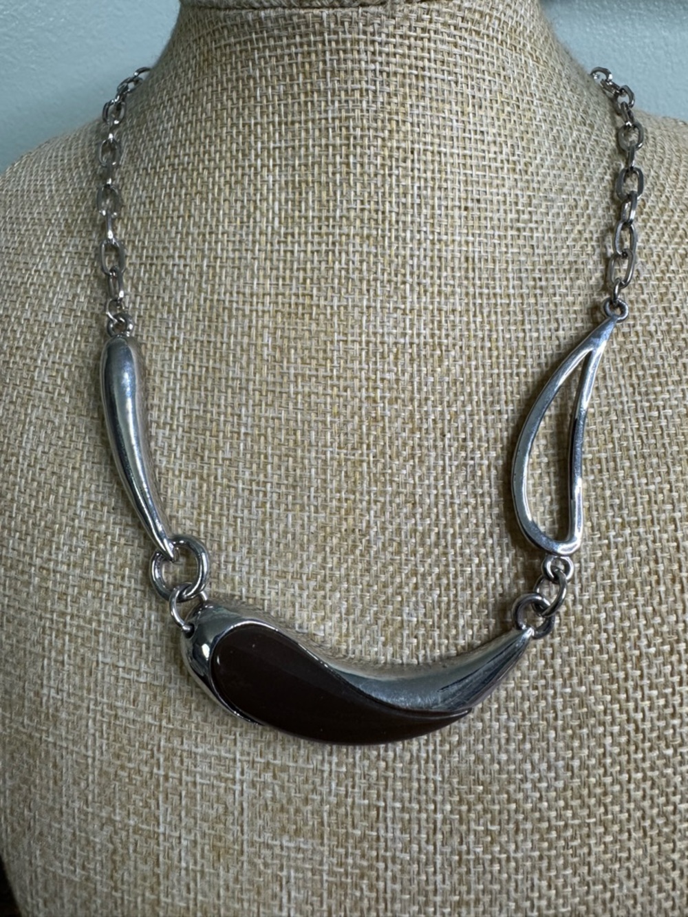 Modern Silver-Tone Necklace with Dark Brown Accent - Sculptural Retro Design